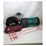 Assorted Camping Gear Lot with Propane Lantern Folding Table and Cookware