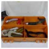 Lot of Fishing Lures, Soft Baits, Line, and Tackle Box