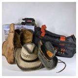 Lot of Rocky Western Boots, Roper Bag, Cowboy Hats, and Western Accessories