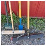 Lot of Assorted Brooms, Shovel, and Long Handle Yard Tools