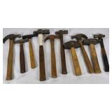 Lot of 10 Assorted Hammers Wood Handle Claw Ball Peen Masonry Tools