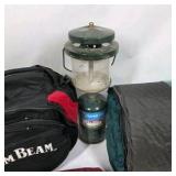 Assorted Camping Gear Lot with Propane Lantern Folding Table and Cookware