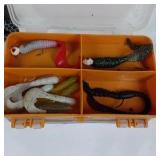 Lot of Fishing Lures, Soft Baits, Line, and Tackle Box