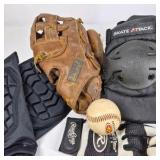 Lot of Baseball Gloves, Batting Gloves, Ball, and Protective Gear