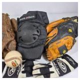 Lot of Baseball Gloves, Batting Gloves, Ball, and Protective Gear