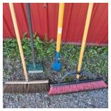 Lot of Assorted Brooms, Shovel, and Long Handle Yard Tools