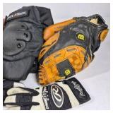 Lot of Baseball Gloves, Batting Gloves, Ball, and Protective Gear