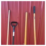 Lot of Assorted Brooms, Shovel, and Long Handle Yard Tools