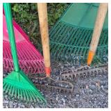 Lot of Assorted Leaf Rakes and Garden Rakes