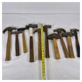 Lot of 10 Assorted Hammers Wood Handle Claw Ball Peen Masonry Tools