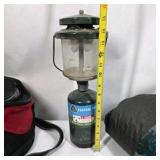 Assorted Camping Gear Lot with Propane Lantern Folding Table and Cookware