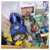 Lot of Assorted Hardware, Adhesives, Fasteners, Flashlights, and Shop Supplies