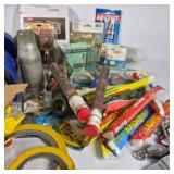 Lot of Assorted Hardware, Adhesives, Fasteners, Flashlights, and Shop Supplies