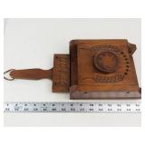 Wooden Bread Wall Press With Carved Motif -Not sure exact use (Seems to have adjustable hight for press?)