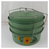 Vintage 1930s Green Metal 3-tier Food Carrier With Floral Design & Glass Knob