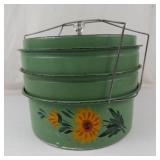 Vintage 1930s Green Metal 3-tier Food Carrier With Floral Design & Glass Knob