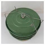 Vintage 1930s Green Metal 3-tier Food Carrier With Floral Design & Glass Knob