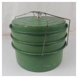 Vintage 1930s Green Metal 3-tier Food Carrier With Floral Design & Glass Knob