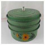 Vintage 1930s Green Metal 3-tier Food Carrier With Floral Design & Glass Knob