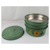 Vintage 1930s Green Metal 3-tier Food Carrier With Floral Design & Glass Knob