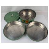 Vintage 1930s Green Metal 3-tier Food Carrier With Floral Design & Glass Knob