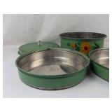 Vintage 1930s Green Metal 3-tier Food Carrier With Floral Design & Glass Knob