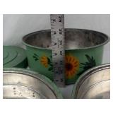 Vintage 1930s Green Metal 3-tier Food Carrier With Floral Design & Glass Knob