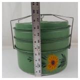 Vintage 1930s Green Metal 3-tier Food Carrier With Floral Design & Glass Knob