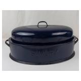 Vintage Savory Cobalt Blue Enamel Roasting Pan With Lid