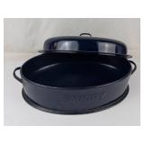 Vintage Savory Cobalt Blue Enamel Roasting Pan With Lid