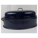 Vintage Savory Cobalt Blue Enamel Roasting Pan With Lid