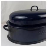 Vintage Savory Cobalt Blue Enamel Roasting Pan With Lid