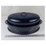 Vintage Savory Cobalt Blue Enamel Roasting Pan With Lid