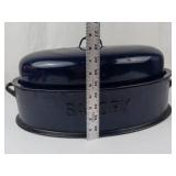 Vintage Savory Cobalt Blue Enamel Roasting Pan With Lid
