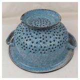Antique Blue & White Speckled Graniteware Colander