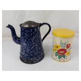 Vintage Graniteware Coffee Pot & Floral Kitchen Tin Mixed Lot