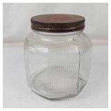 Vintage Ribbed Glass Storage Jar With Metal Lid