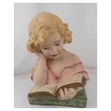 Vintage Painted Plaster Chalkware Bust of Girl Reading Book