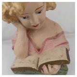 Vintage Painted Plaster Chalkware Bust of Girl Reading Book