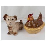 Vintage Chalkware Dog and A Ceramic Hen on Nest Figurine