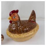 Vintage Chalkware Dog and A Ceramic Hen on Nest Figurine