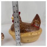 Vintage Chalkware Dog and A Ceramic Hen on Nest Figurine