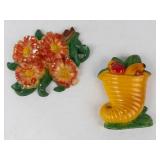 Pair of Vintage Floral and Cornucopia Chalkware Wall Plaques