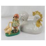 Vintage Ceramic Rooster Lid & Girl With Geese Figurine