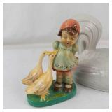 Vintage Ceramic Rooster Lid & Girl With Geese Figurine