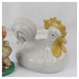 Vintage Ceramic Rooster Lid & Girl With Geese Figurine