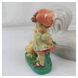 Vintage Ceramic Rooster Lid & Girl With Geese Figurine