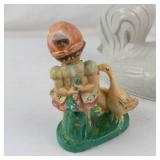 Vintage Ceramic Rooster Lid & Girl With Geese Figurine