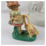 Vintage Ceramic Rooster Lid & Girl With Geese Figurine