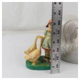 Vintage Ceramic Rooster Lid & Girl With Geese Figurine